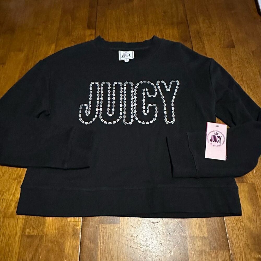Juicy Couture French Terry Crew Neck Crop Sweatshirt Crown Womens Black Sz Small